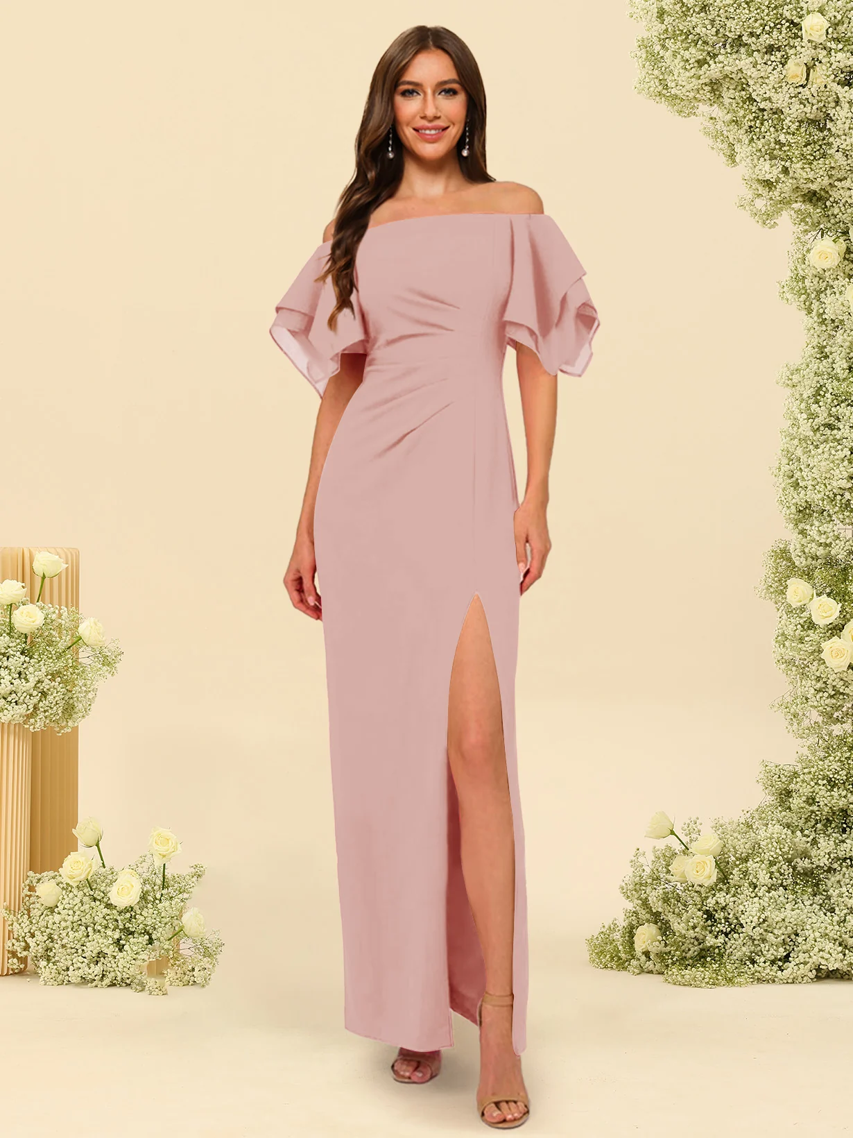 Sheath/Column Off-the-Shoulder Short Sleeves Bridesmaid Dresses with Split Side - Image 17