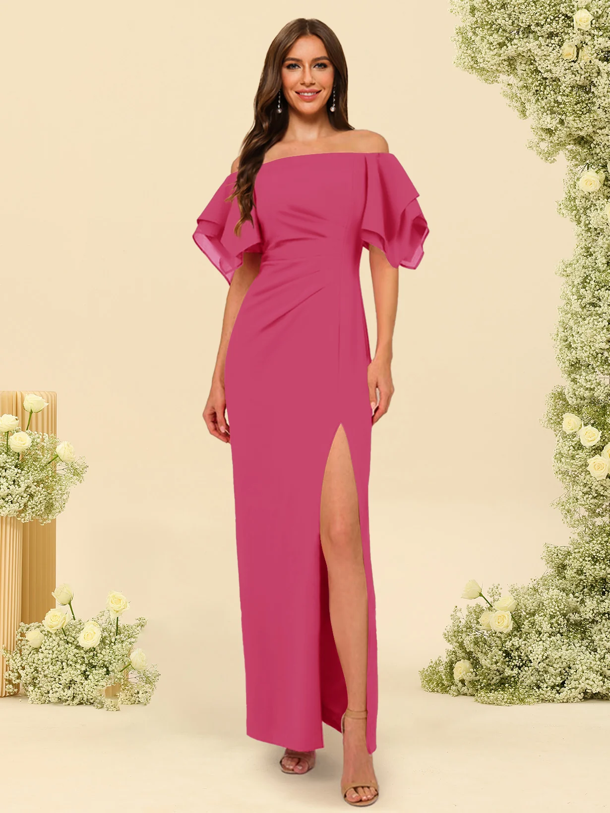 Sheath/Column Off-the-Shoulder Short Sleeves Bridesmaid Dresses with Split Side - Image 21