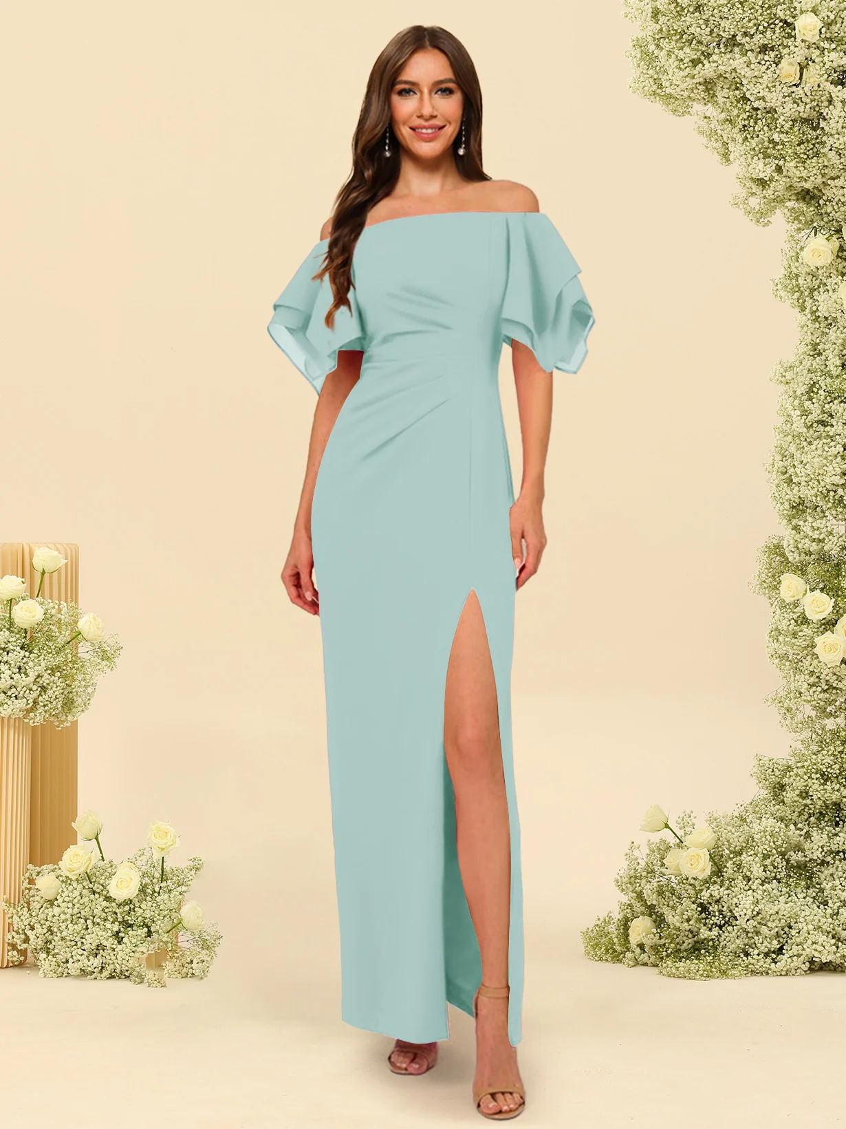 Sheath/Column Off-the-Shoulder Short Sleeves Bridesmaid Dresses with Split Side - Image 40