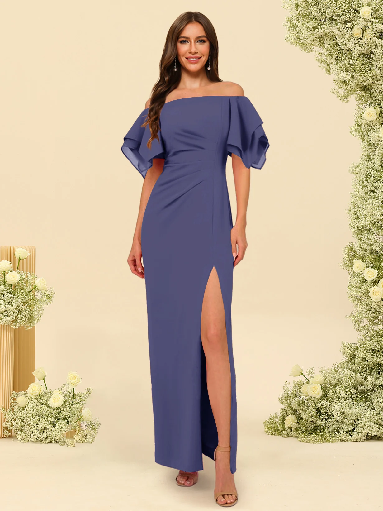 Sheath/Column Off-the-Shoulder Short Sleeves Bridesmaid Dresses with Split Side - Image 65