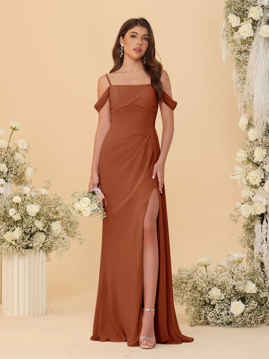 Sheath/Column Off-the-Shoulder Spaghetti Straps Long Ruched Bridesmaid Dresses With Side Slit - Image 13
