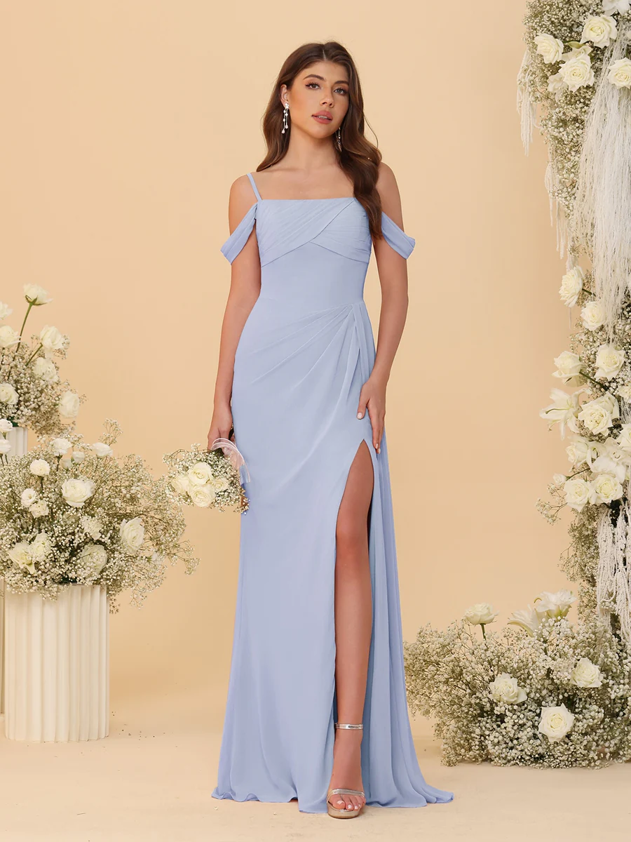 Sheath/Column Off-the-Shoulder Spaghetti Straps Long Ruched Bridesmaid Dresses With Side Slit - Image 33