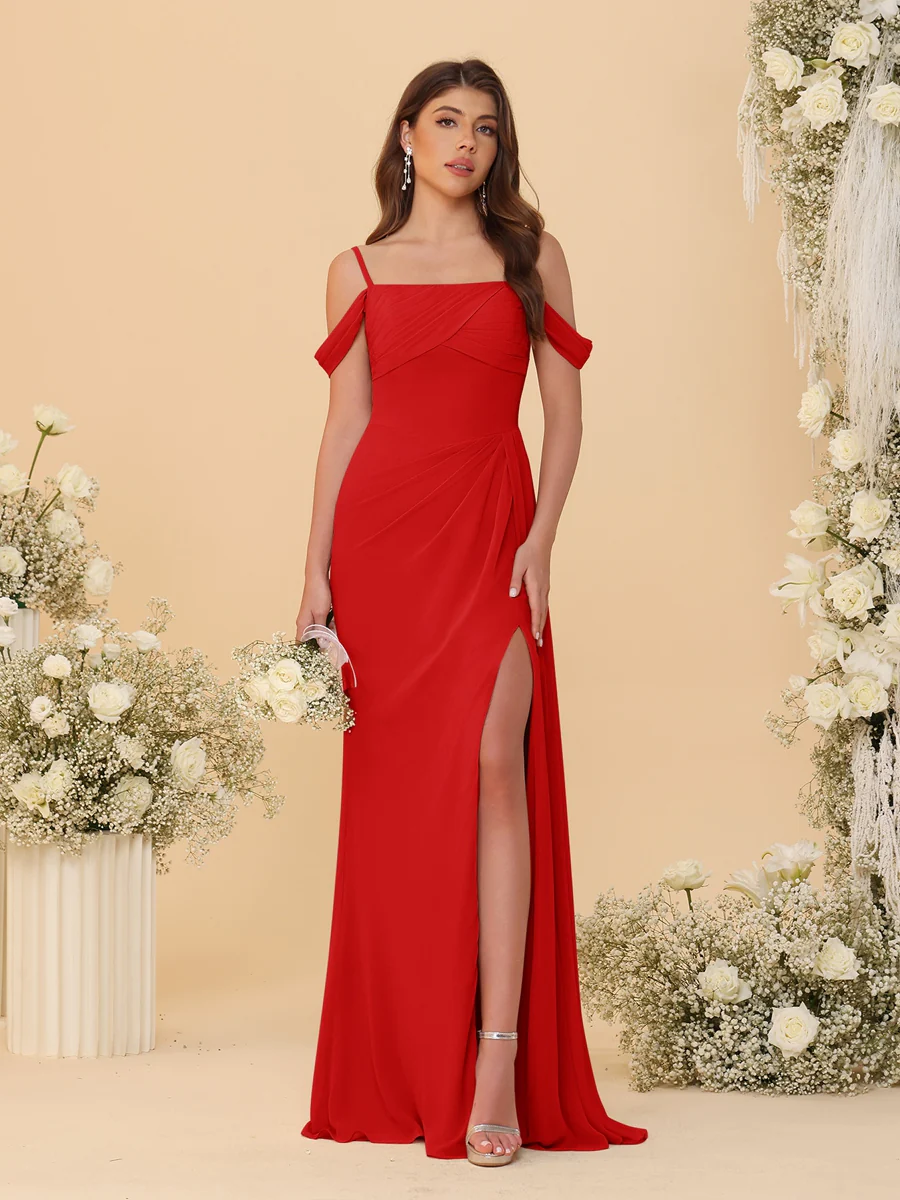 Sheath/Column Off-the-Shoulder Spaghetti Straps Long Ruched Bridesmaid Dresses With Side Slit - Image 59