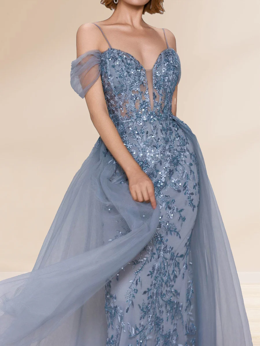 Sheath/Column Off-the-Shoulder Spaghetti Straps Maxi Tulle Evening Dresses with Sequin Appliques - Image 3