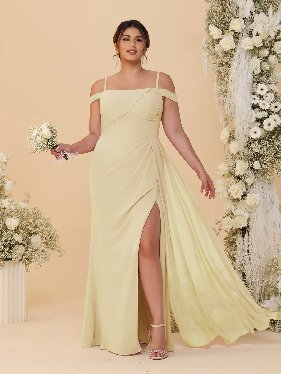 Sheath/Column Off-the-Shoulder Spaghetti Straps Plus Size  Bridesmaid Dresses With Side Slit - Image 12