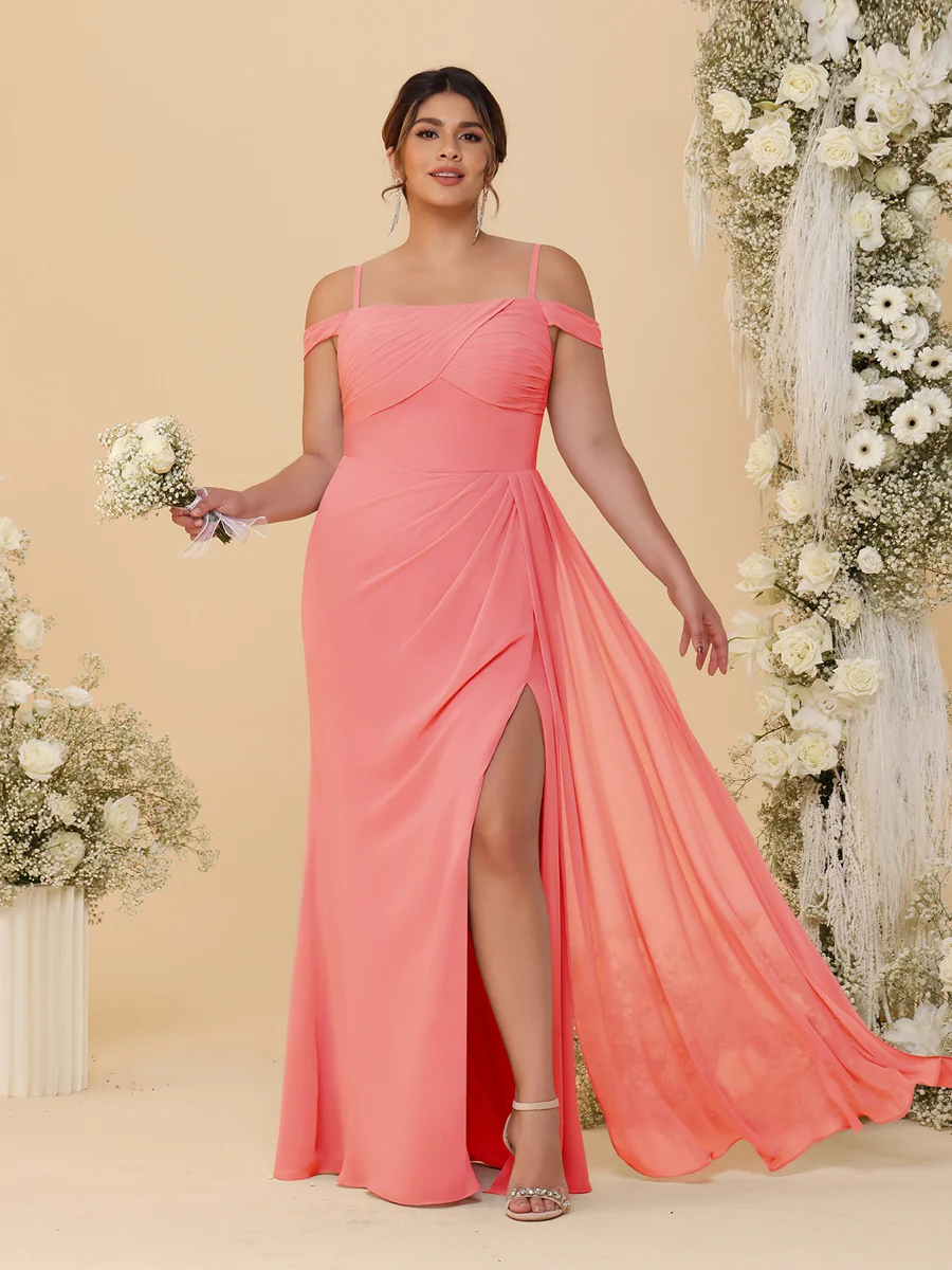 Sheath/Column Off-the-Shoulder Spaghetti Straps Plus Size Bridesmaid Dresses With Side Slit - Image 13