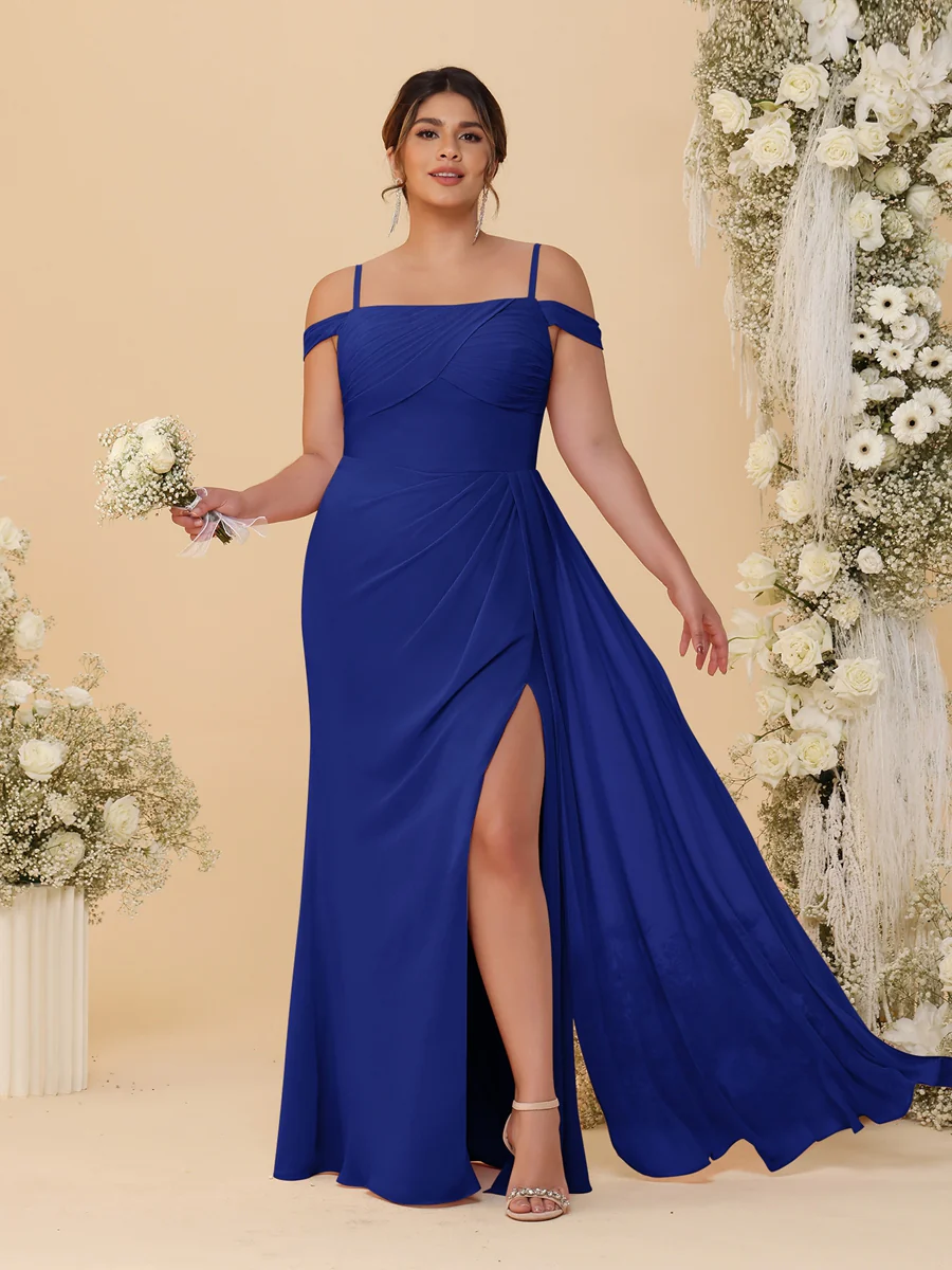 Sheath/Column Off-the-Shoulder Spaghetti Straps Plus Size Bridesmaid Dresses With Side Slit - Image 15