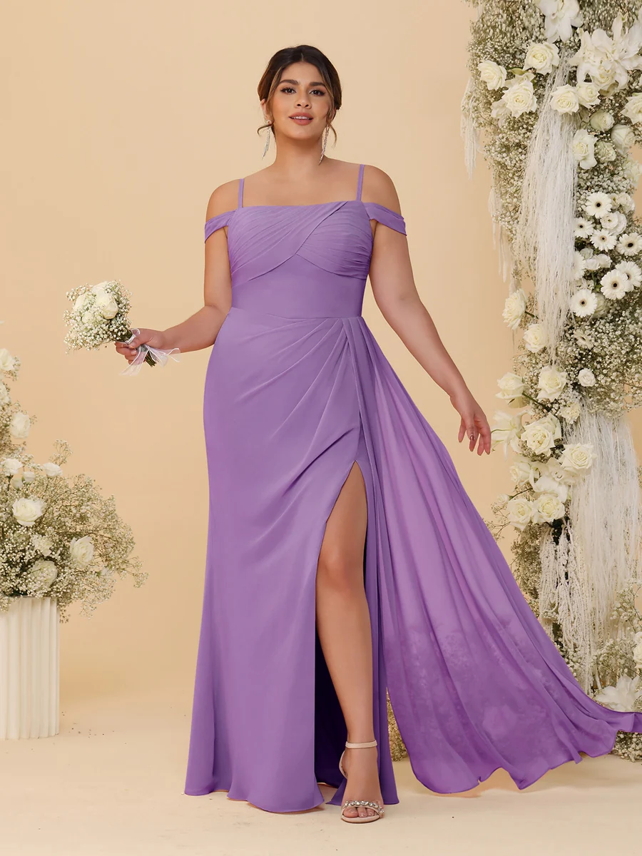 Sheath/Column Off-the-Shoulder Spaghetti Straps Plus Size Bridesmaid Dresses With Side Slit - Image 18