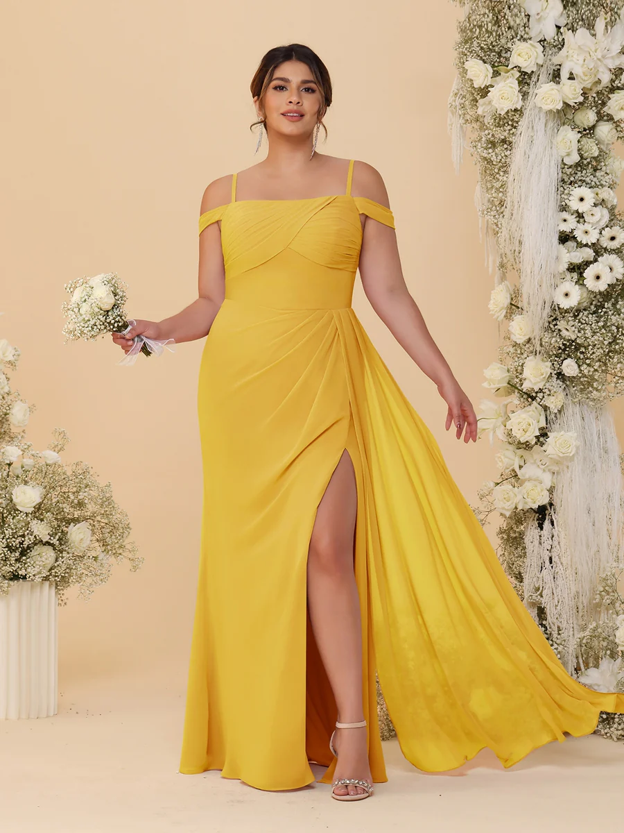 Sheath/Column Off-the-Shoulder Spaghetti Straps Plus Size Bridesmaid Dresses With Side Slit - Image 43