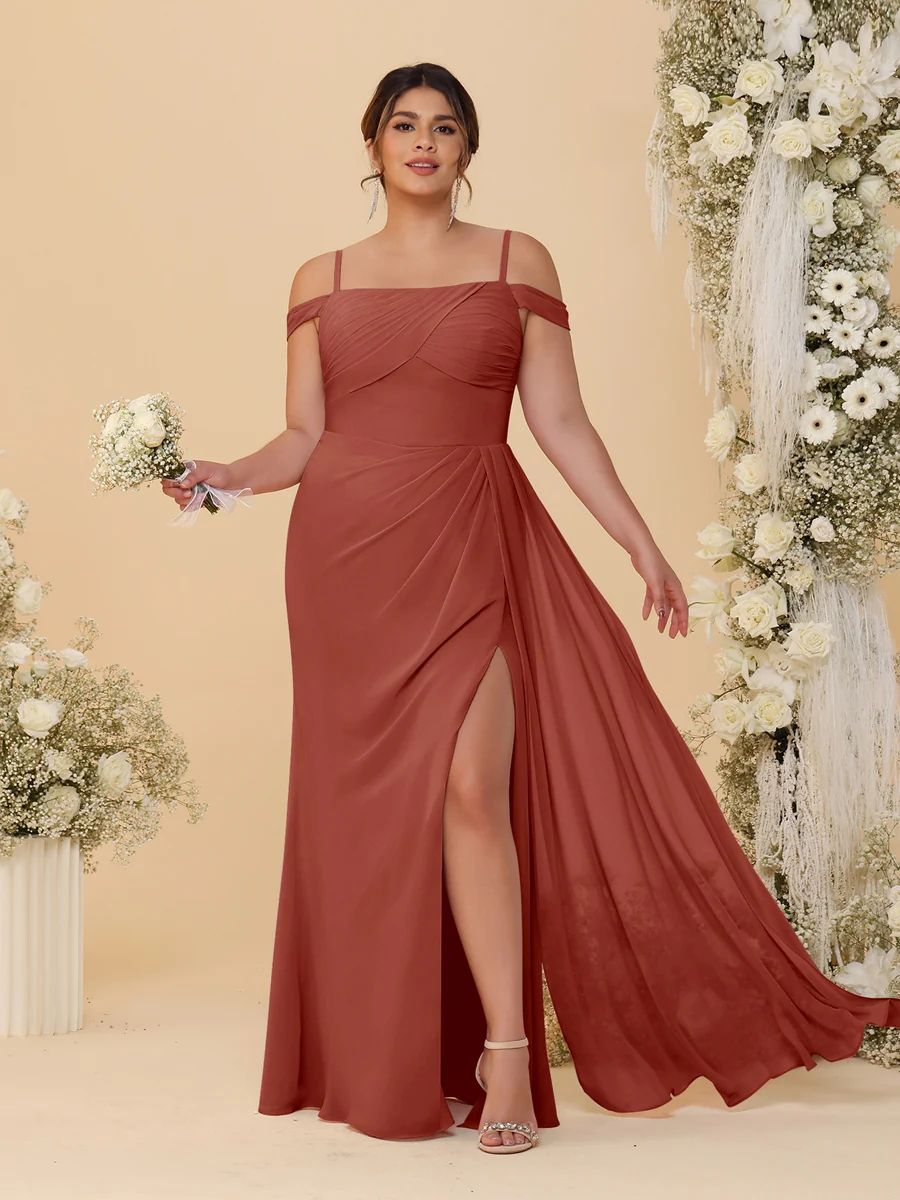 Sheath/Column Off-the-Shoulder Spaghetti Straps Plus Size Bridesmaid Dresses With Side Slit - Image 58