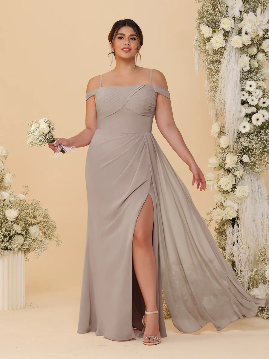 Sheath/Column Off-the-Shoulder Spaghetti Straps Plus Size Bridesmaid Dresses With Side Slit - Image 67