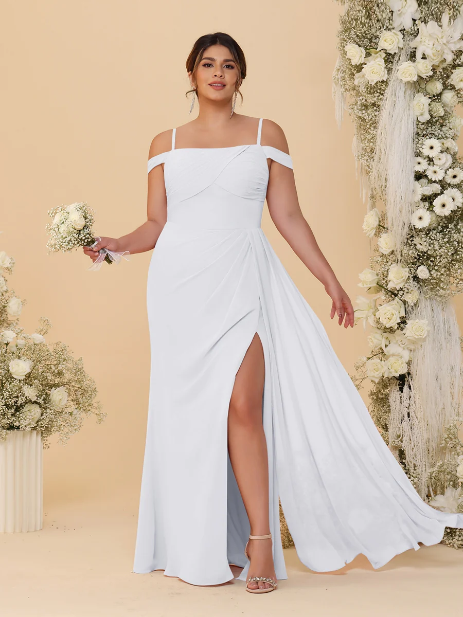 Sheath/Column Off-the-Shoulder Spaghetti Straps Plus Size Bridesmaid Dresses With Side Slit - Image 70