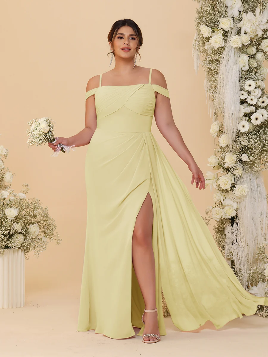Sheath/Column Off-the-Shoulder Spaghetti Straps Plus Size Bridesmaid Dresses With Side Slit - Image 73