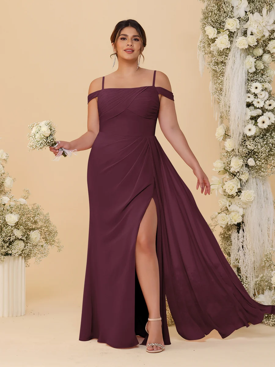 Sheath/Column Off-the-Shoulder Spaghetti Straps Plus Size Bridesmaid Dresses With Side Slit - Image 9