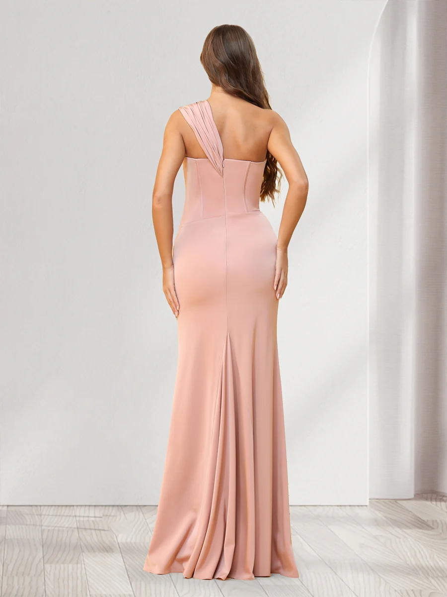 Sheath/Column One-Shoulder Floor-Length Ruched Bridesmaid Dresses with Split Side - Image 2