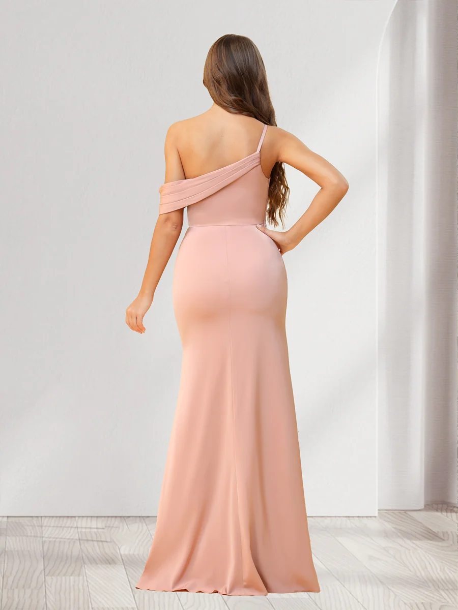 Sheath/Column One-Shoulder Floor-Length Ruched Bridesmaid Dresses with Split Side - Image 2
