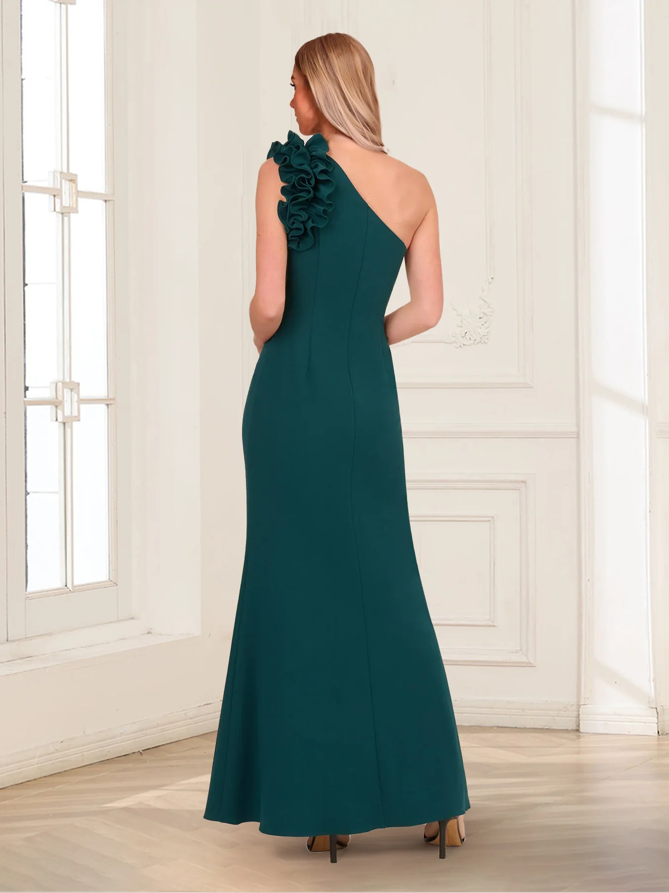 Sheath/Column One-Shoulder Floor-Length Sleeveless Satin Mother of the Bride Dresses with Ruffles - Image 2