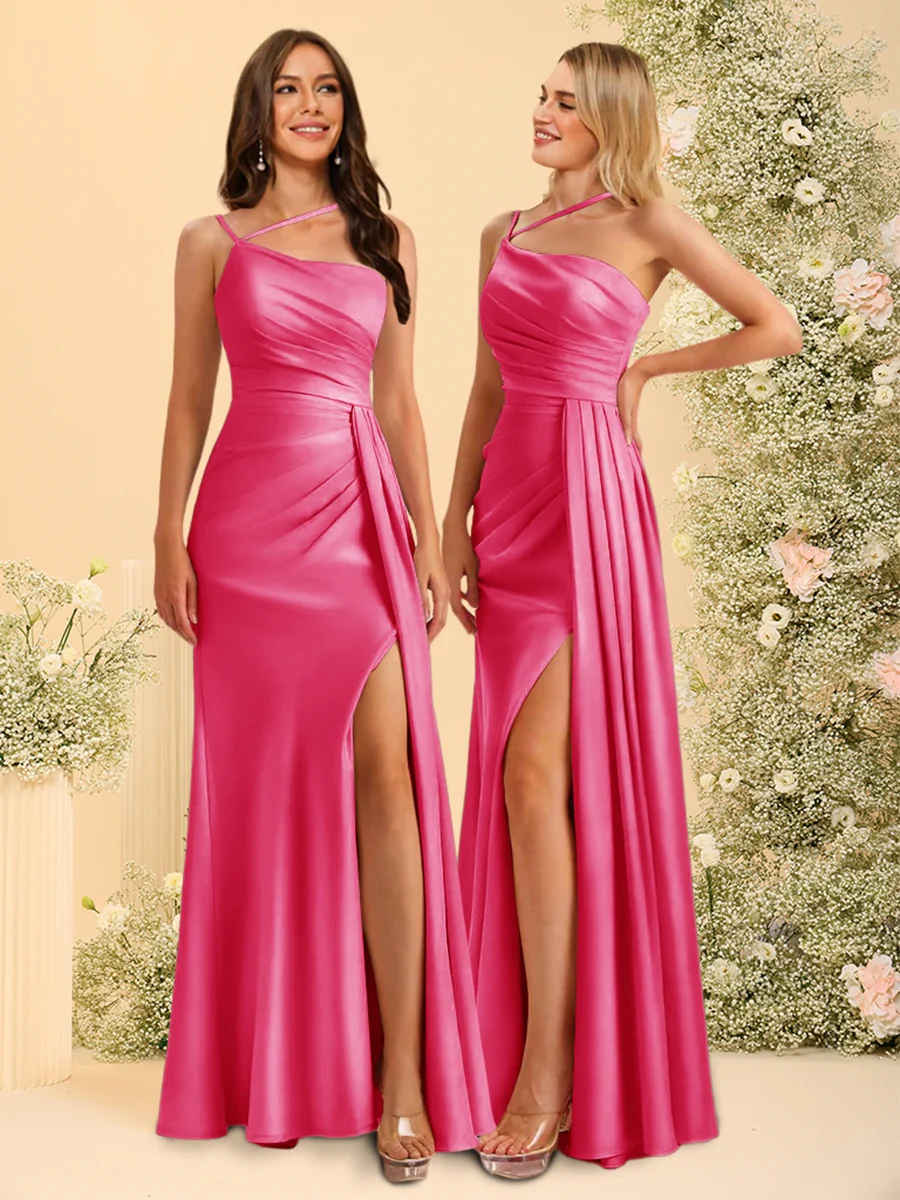Sheath/Column One-Shoulder Long Bridesmaid Dresses with Split Side - Image 27
