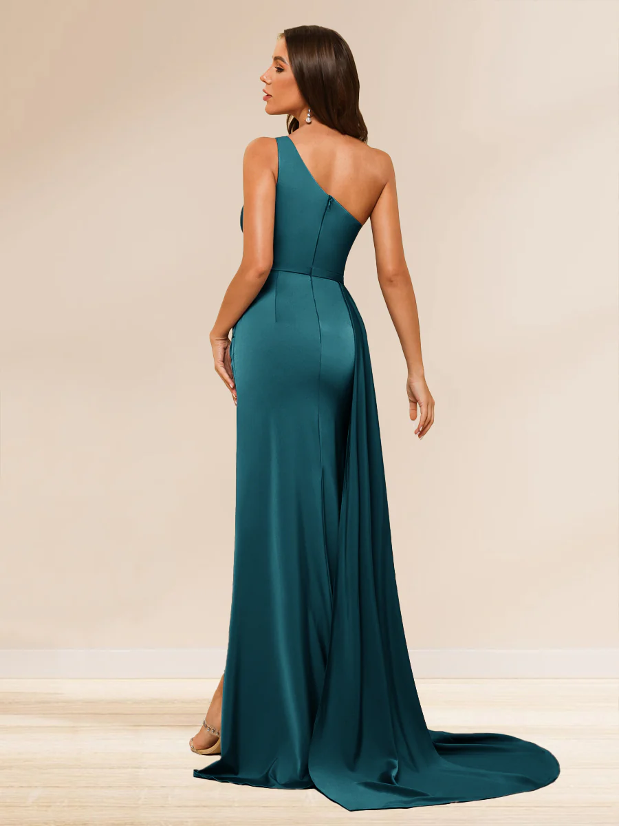 Sheath/Column One-Shoulder Long Evening Dresses with Split Side & Ruched - Image 2