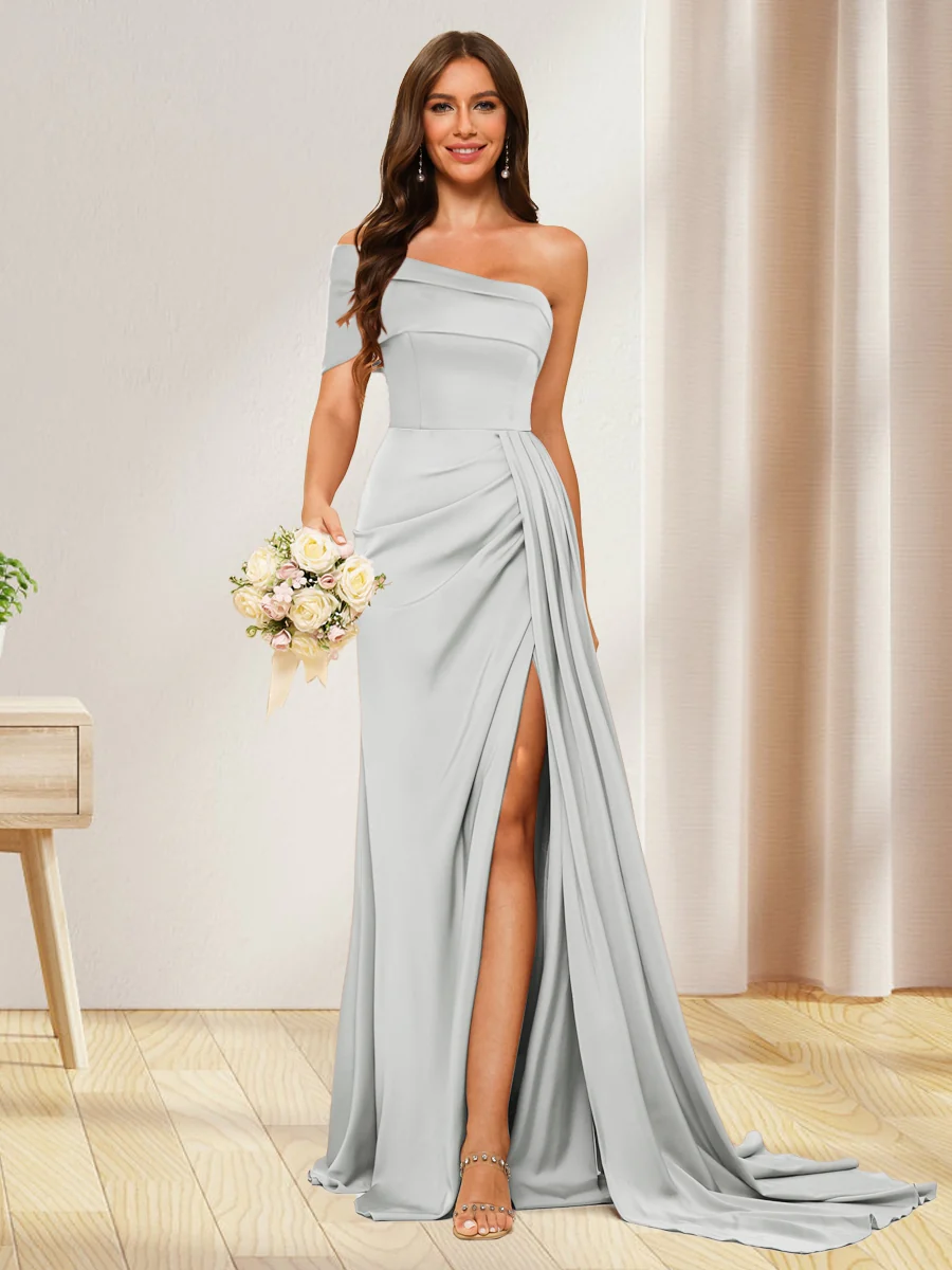 Sheath/Column One-Shoulder Long Formal Dresses with Split Side - Image 14