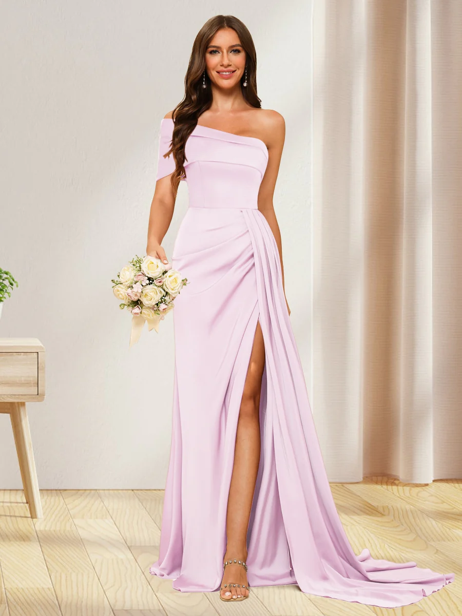 Sheath/Column One-Shoulder Long Formal Dresses with Split Side - Image 17