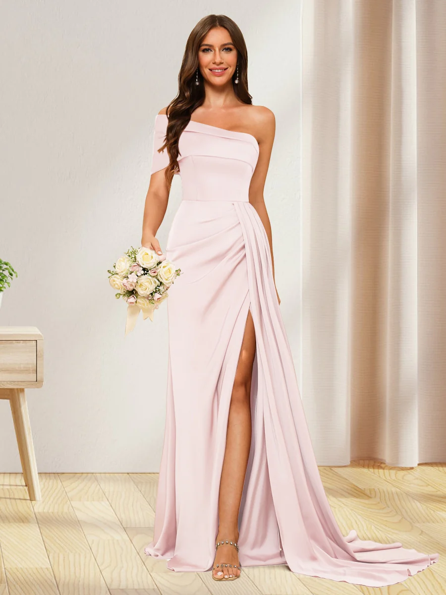 Sheath/Column One-Shoulder Long Formal Dresses with Split Side - Image 19