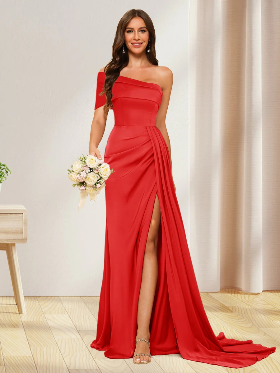 Sheath/Column One-Shoulder Long Formal Dresses with Split Side - Image 29