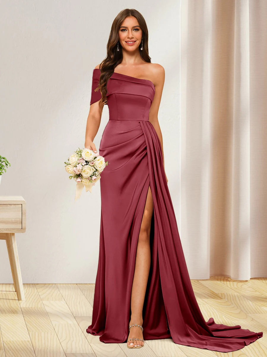 Sheath/Column One-Shoulder Long Formal Dresses with Split Side - Image 30