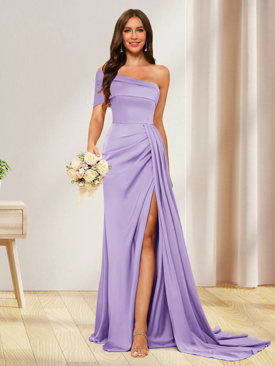 Sheath/Column One-Shoulder Long Formal Dresses with Split Side - Image 32