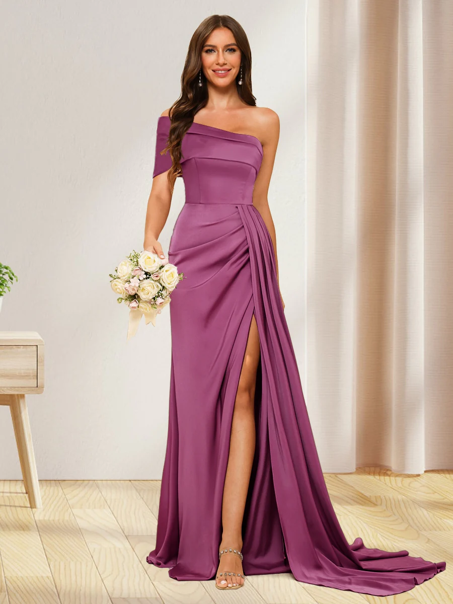 Sheath/Column One-Shoulder Long Formal Dresses with Split Side - Image 35