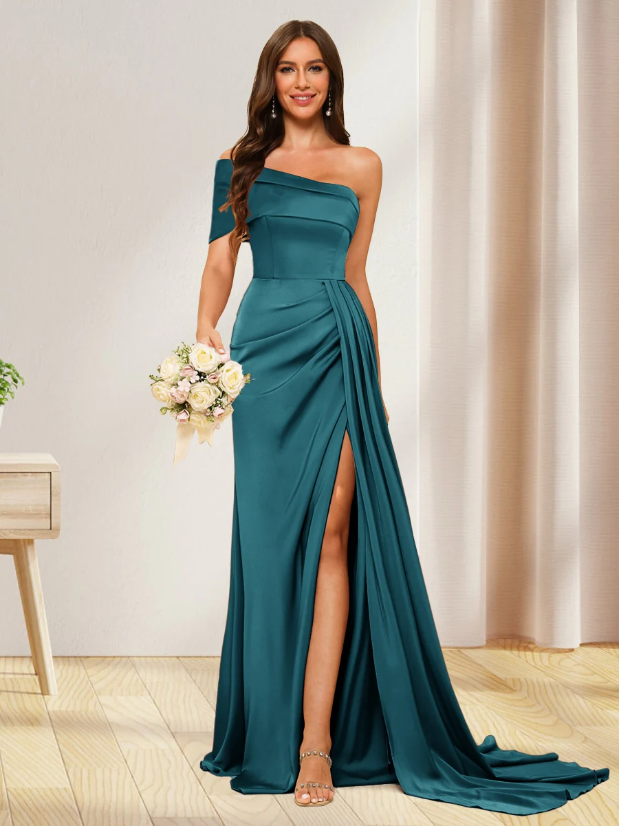 Sheath/Column One-Shoulder Long Formal Dresses with Split Side - Image 46