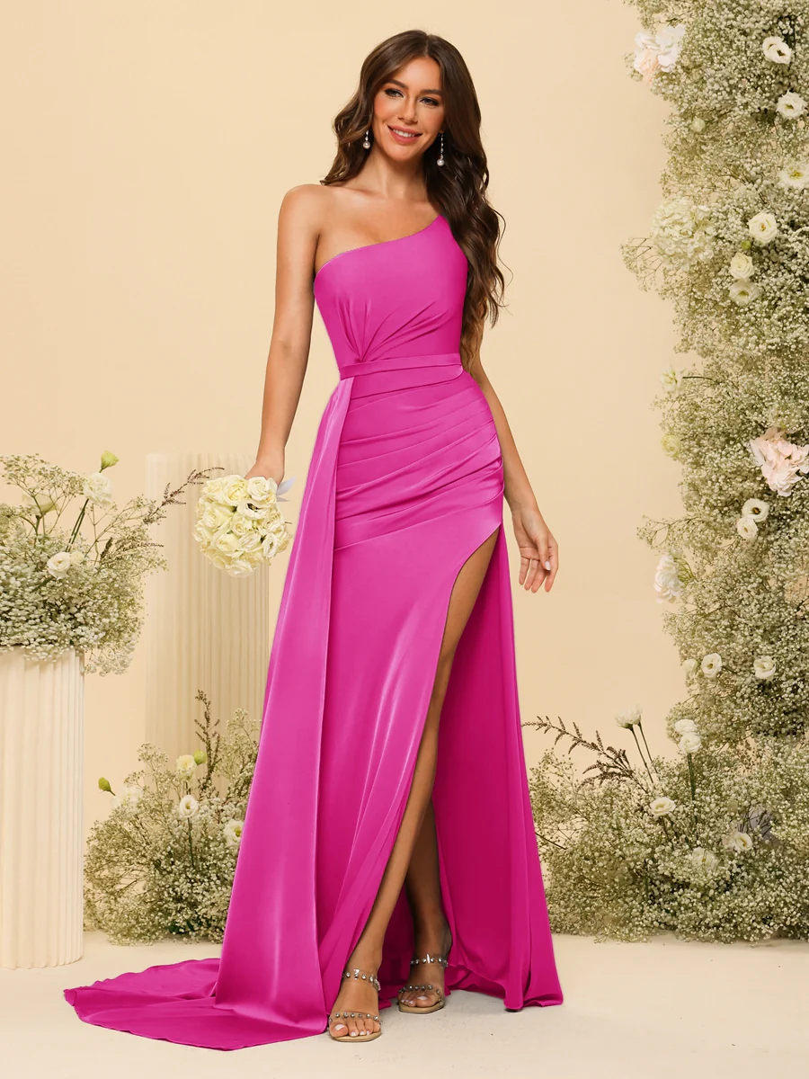 Sheath/Column One-Shoulder Long Formal Dresses with Split Side & Ruched - Image 36