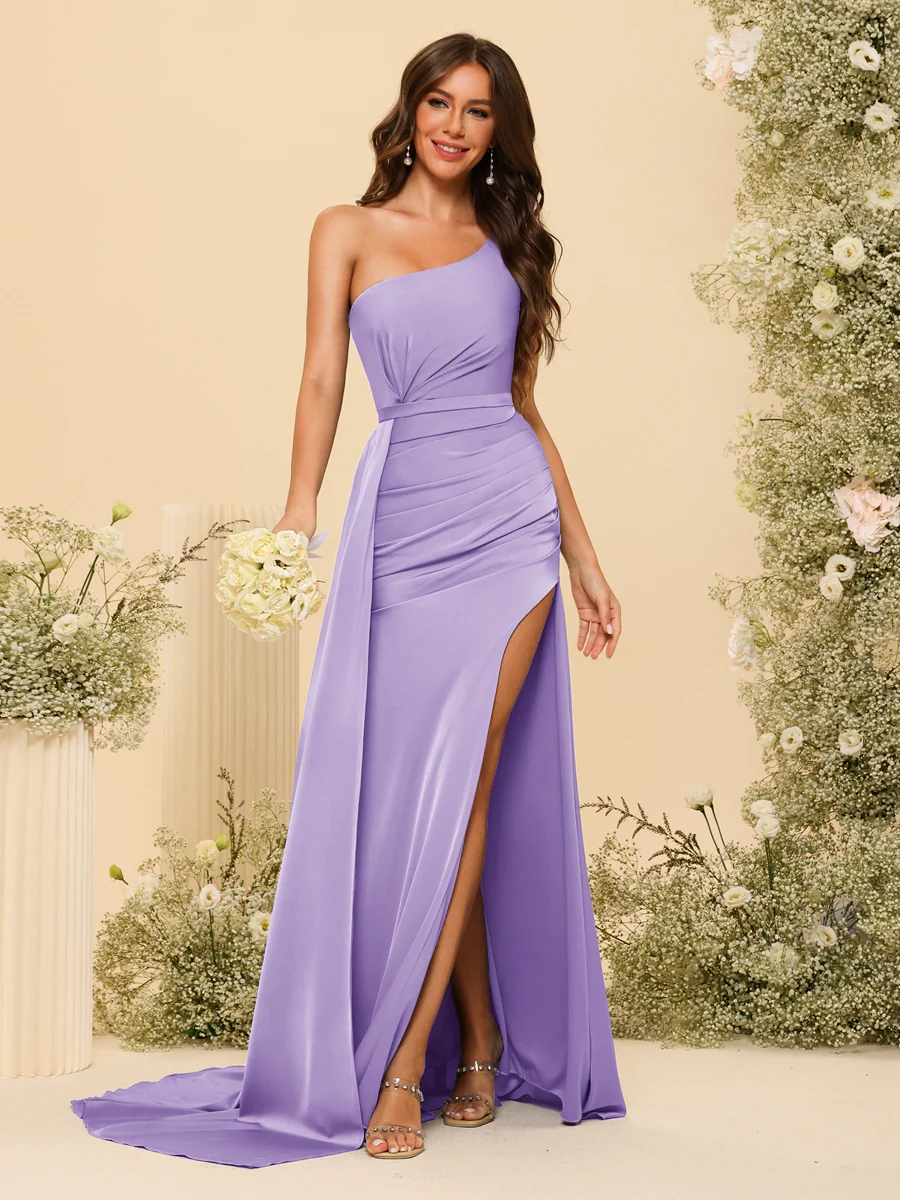 Sheath/Column One-Shoulder Long Formal Dresses with Split Side & Ruched - Image 40