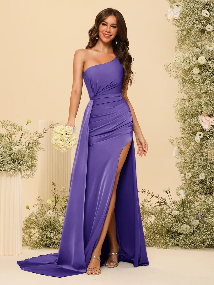 Sheath/Column One-Shoulder Long Formal Dresses with Split Side & Ruched - Image 41