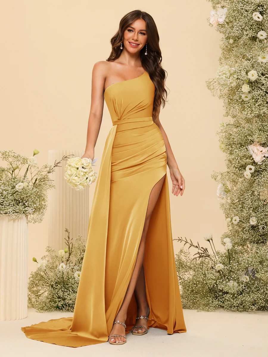 Sheath/Column One-Shoulder Long Formal Dresses with Split Side & Ruched - Image 64