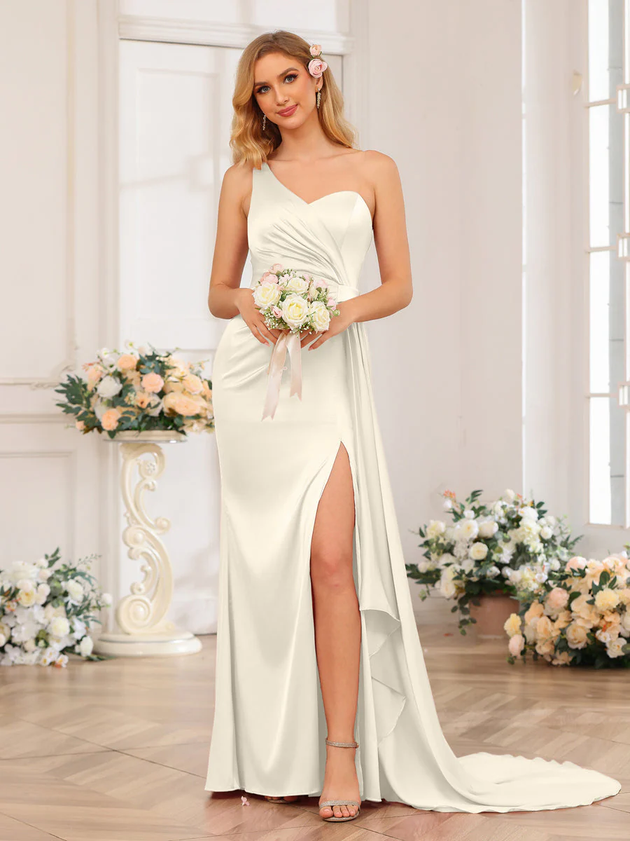 Sheath/Column One-Shoulder Long Formal Dresses with Watteau Train - Image 19