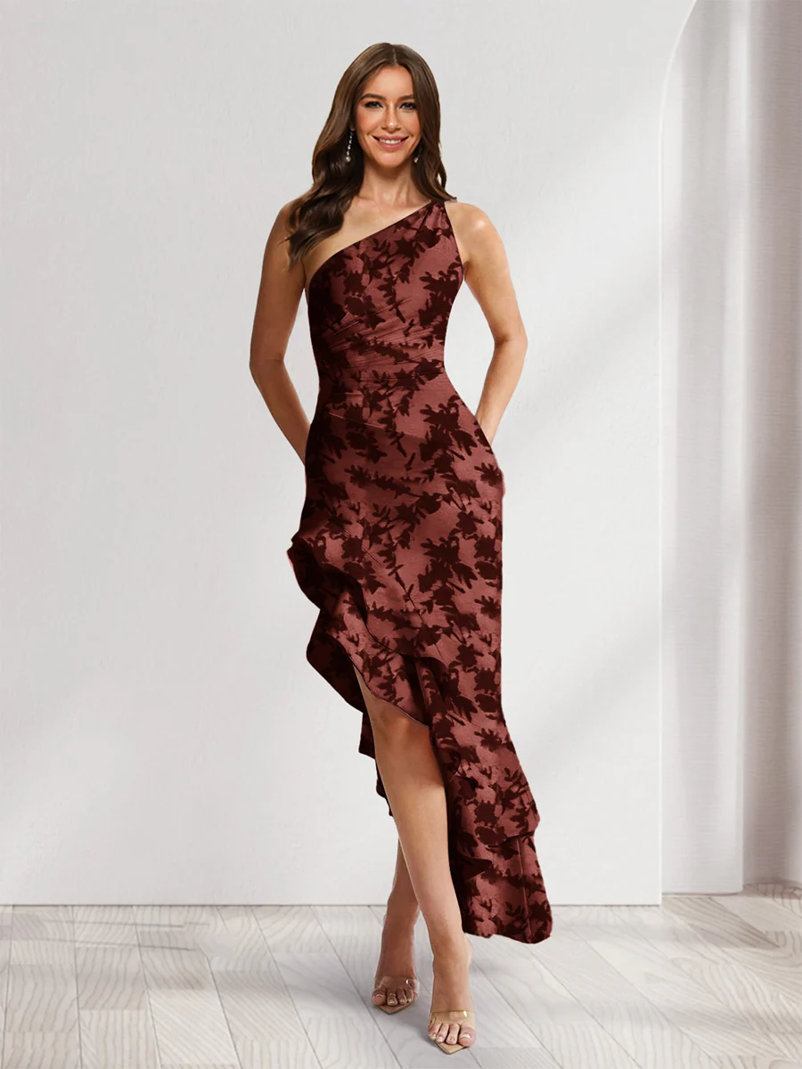 Sheath/Column One-Shoulder Ruffle Floral Wedding Guest Dresses with Split Side - Image 4