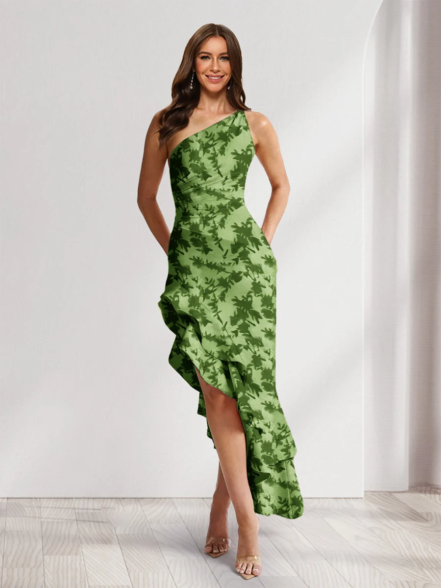 Sheath/Column One-Shoulder Ruffle Floral Wedding Guest Dresses with Split Side - Image 8