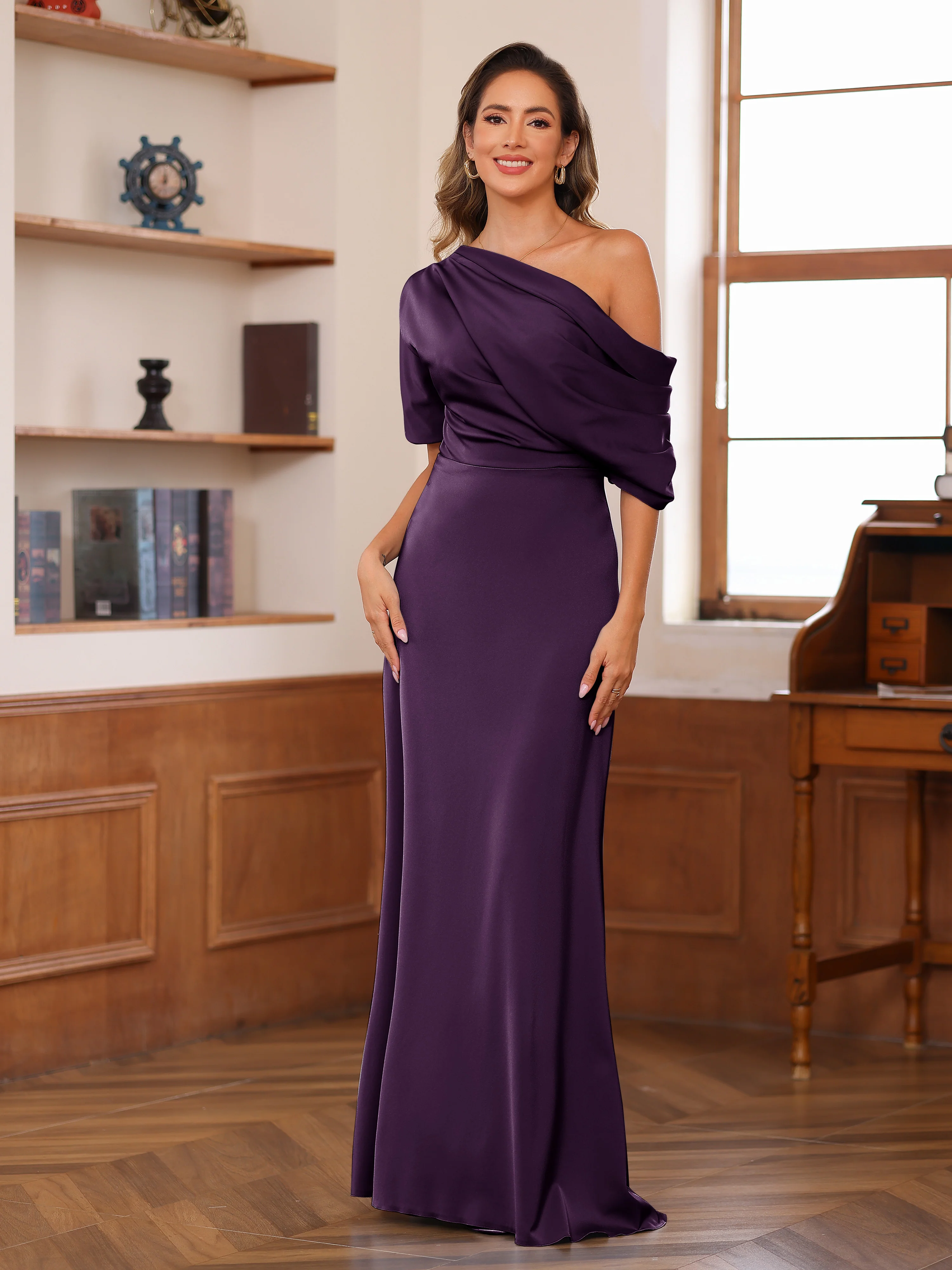 Sheath/Column One-Shoulder Short Sleeve Ruched Mother of the Bride Dresses - Image 46