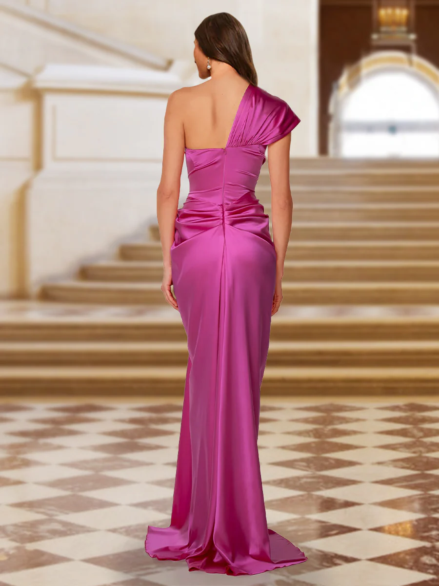 Sheath/Column One-Shoulder Silk Satin Ruched Evening Dresses with Split Side - Image 2