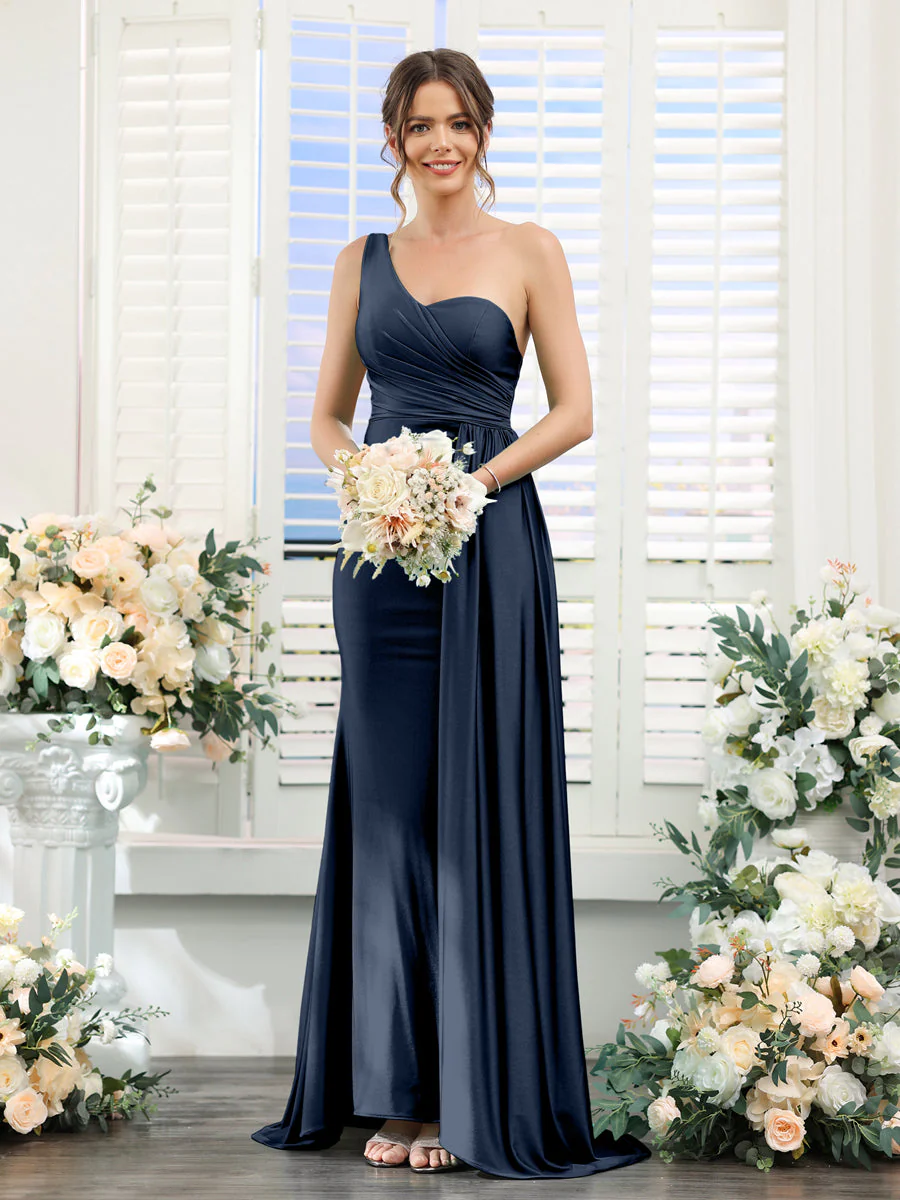 Sheath/Column One-Shoulder Sleeveless Ruched Silk Satin Bridesmaid Dresses - Image 46