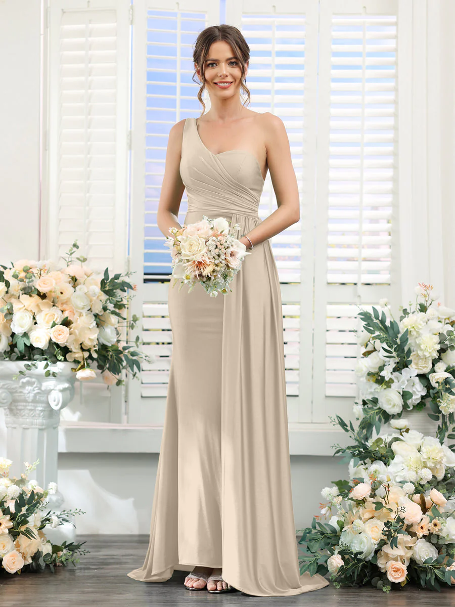 Sheath/Column One-Shoulder Sleeveless Ruched Silk Satin Bridesmaid Dresses - Image 55