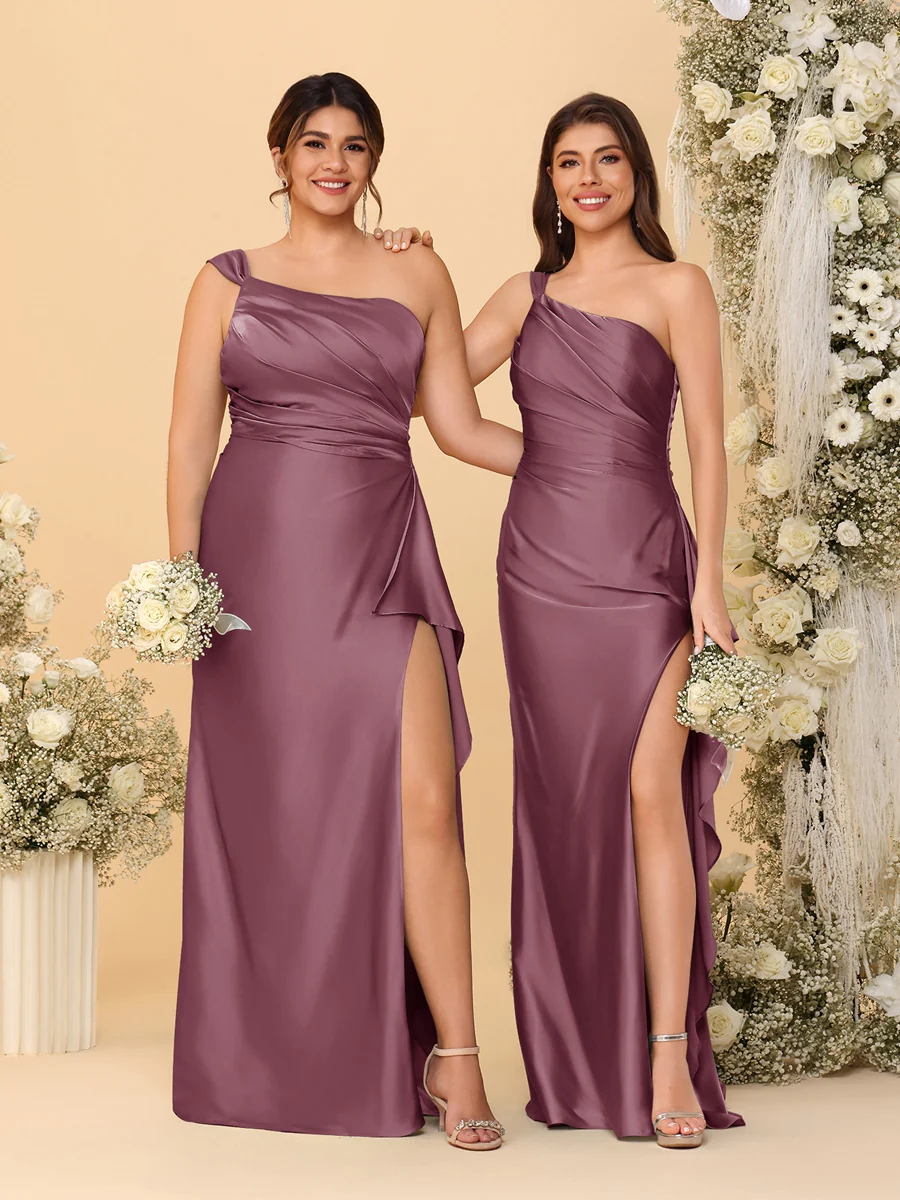 Sheath/Column One-Shoulder Sleeveless Split Side Bridesmaid Dresses with Ruffles - Image 38