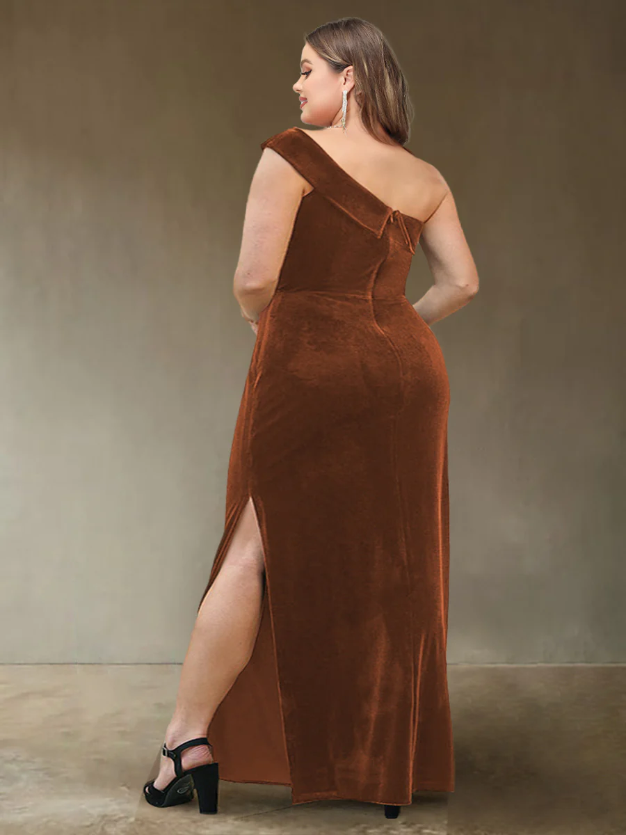 Sheath/Column One-Shoulder Sleeveless Velvet Plus Size Evening Dresses with Side Slit - Image 2