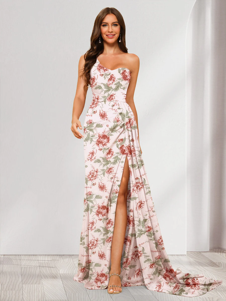 Sheath/Column One-Shoulder Sweetheart Long Floral Dresses with Split Side - Image 3