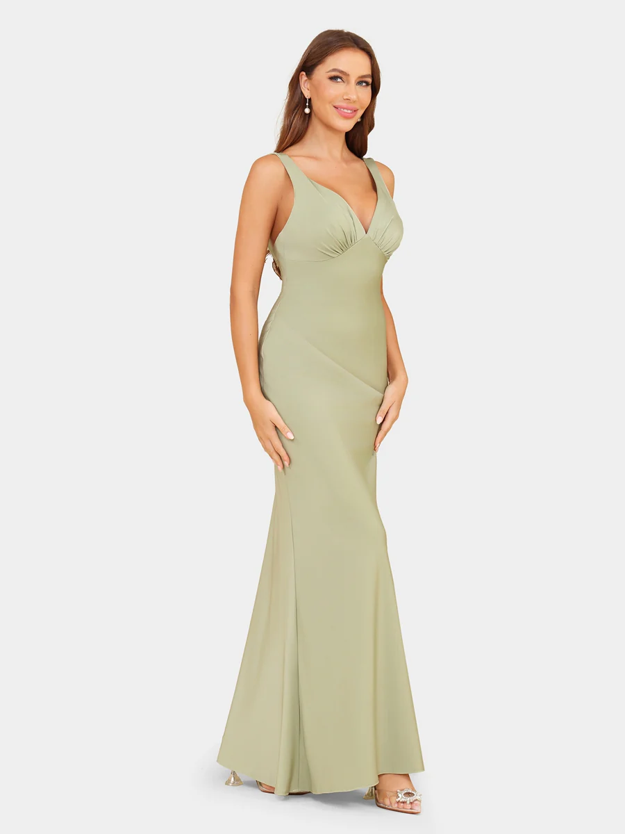 Sheath/Column Plunging V-Neck Sleeveless Bridesmaid Dresses with Ruched - Image 5