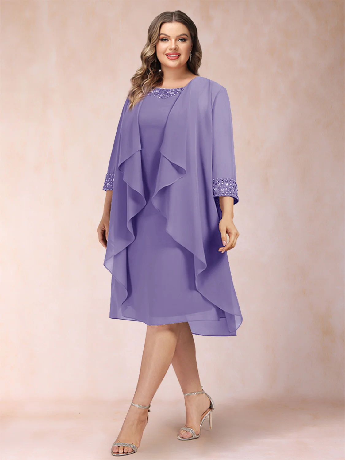 Sheath/Column Scoop 3/4 Sleeves 2 Pieces Plus Size Mother of the Bride Dresses with Rhinestone & Jacket - Image 46