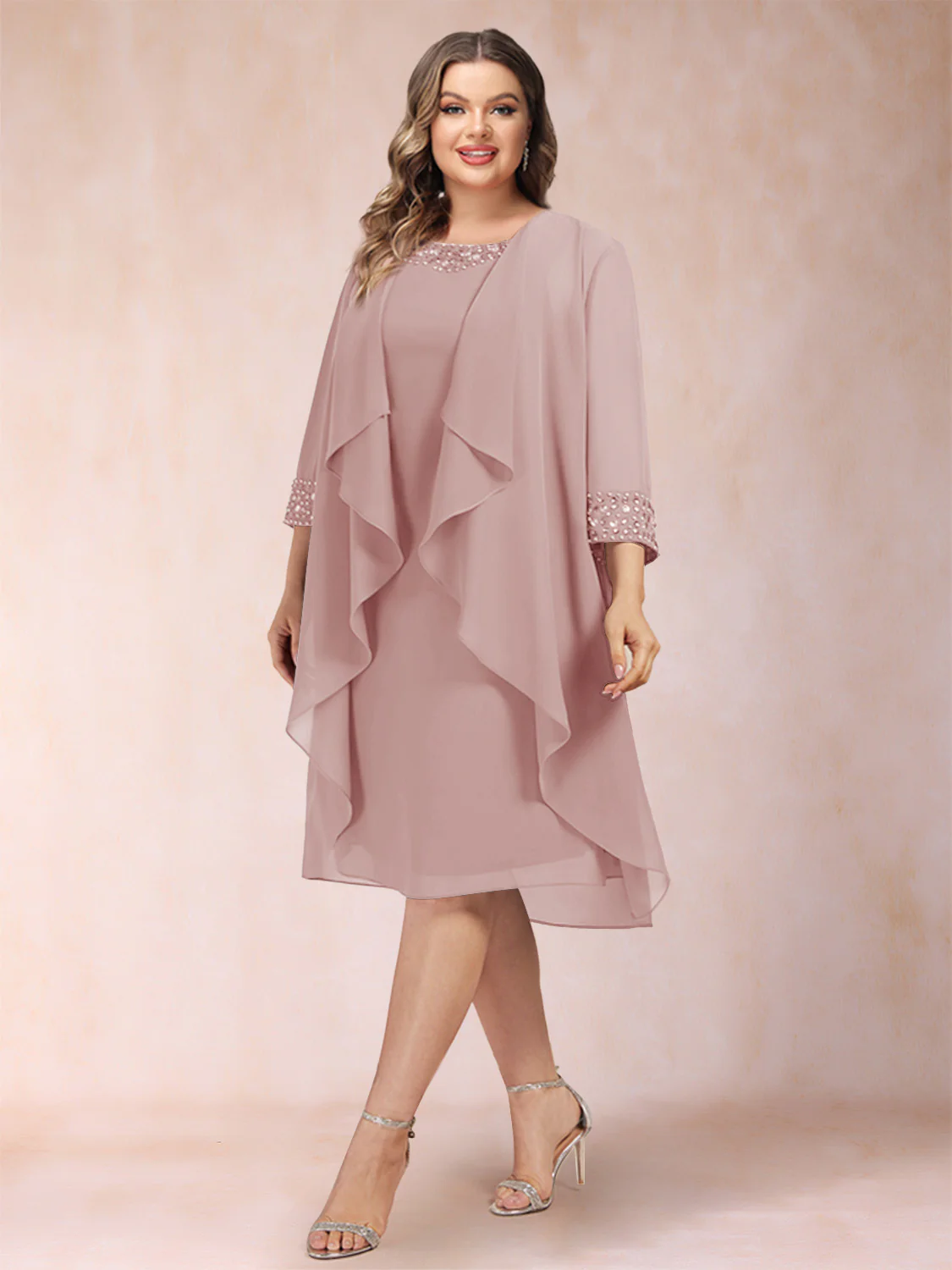 Sheath/Column Scoop 3/4 Sleeves 2 Pieces Plus Size Mother of the Bride Dresses with Rhinestone & Jacket - Image 7