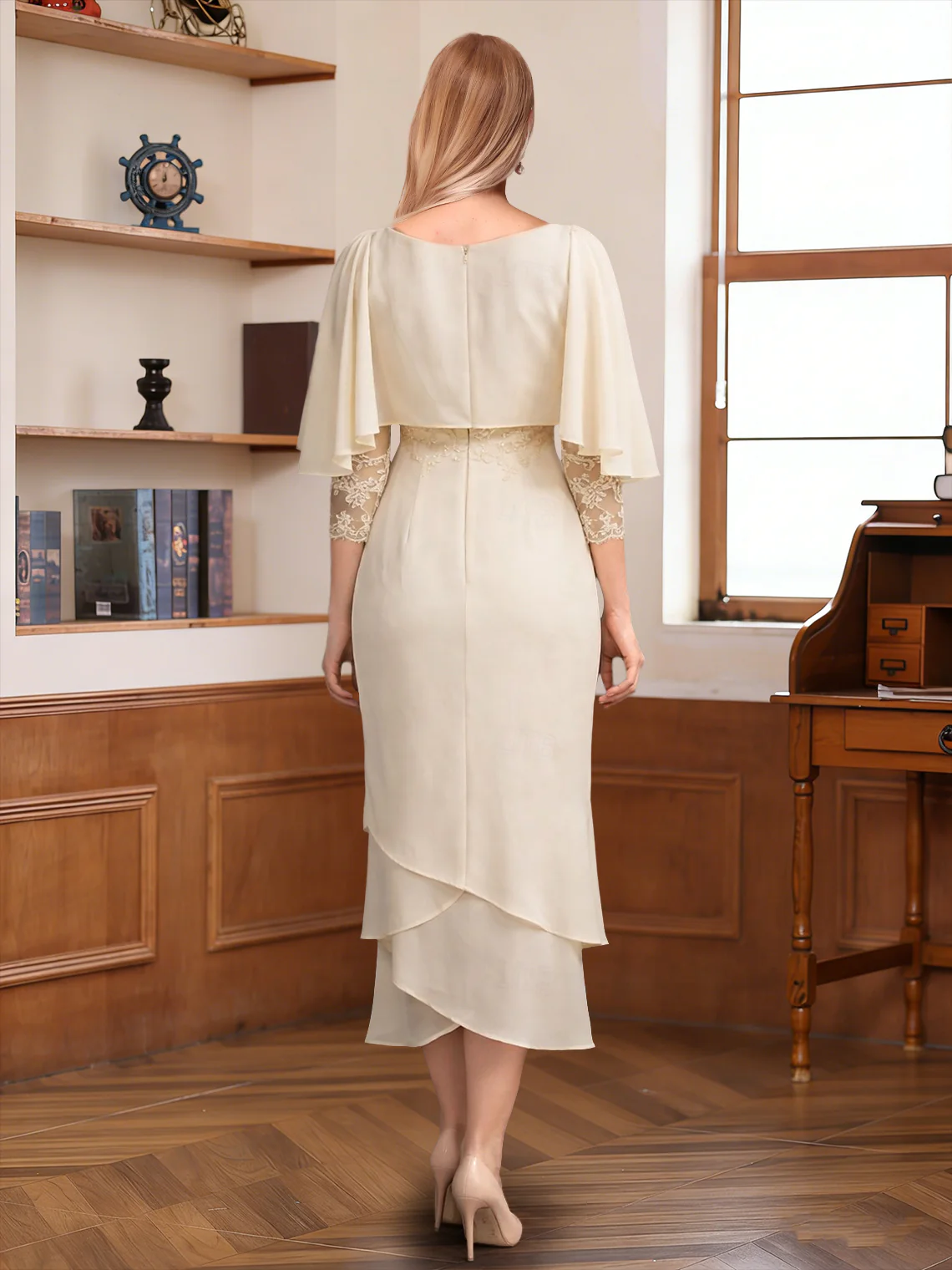 Sheath/Column Scoop 3/4 Sleeves Asymmetrical Mother of the Bride Dresses with Ruffles - Image 2