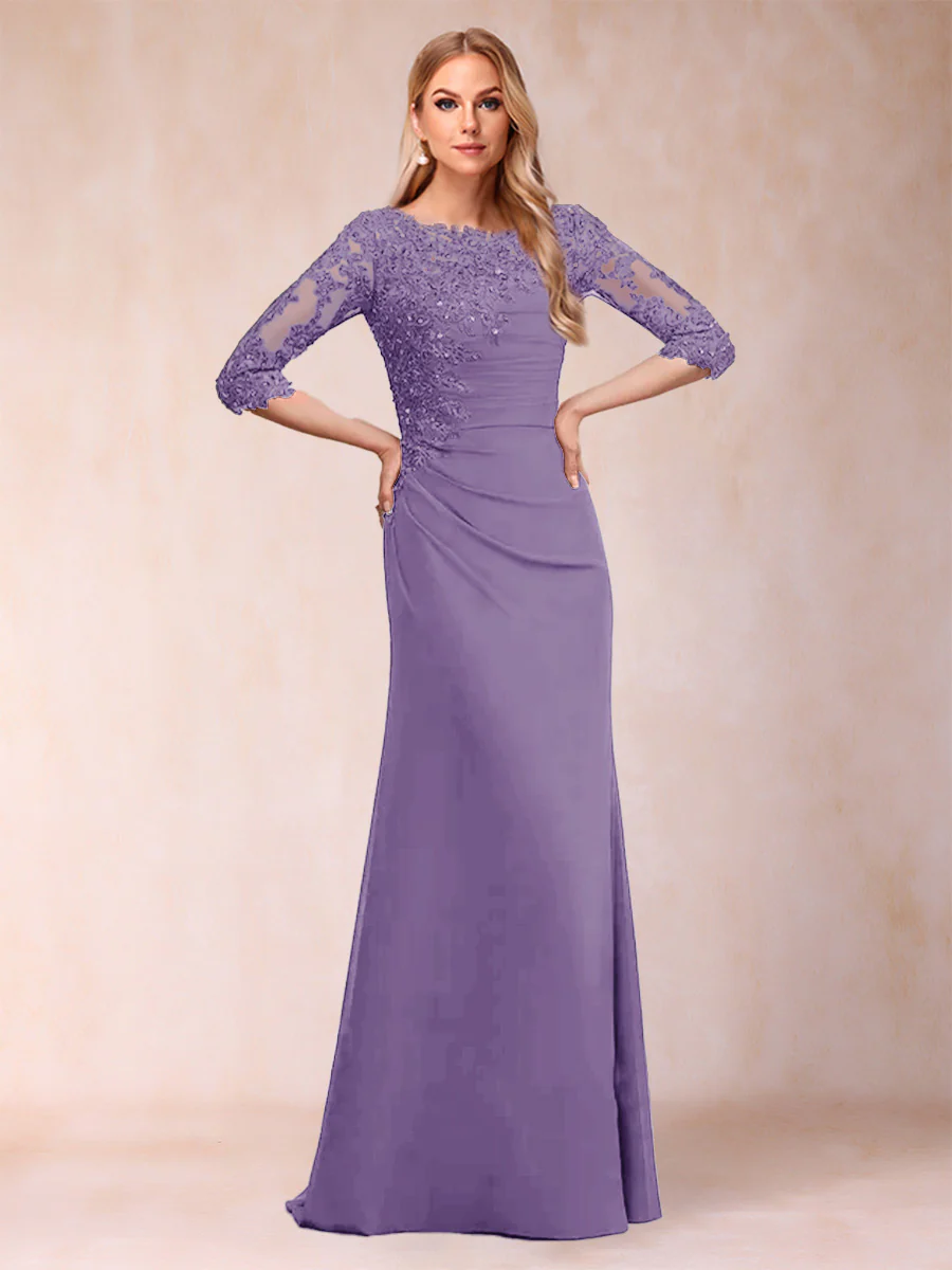 Sheath/Column Scoop 3/4 Sleeves Ruched Mother of the Bride Dresses with Applique - Image 12